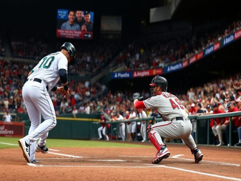 A dynamic shot of a Mariners vs. Angels game at T-Mobile Park, featuring players in action, the Seattle skyline, and a packed