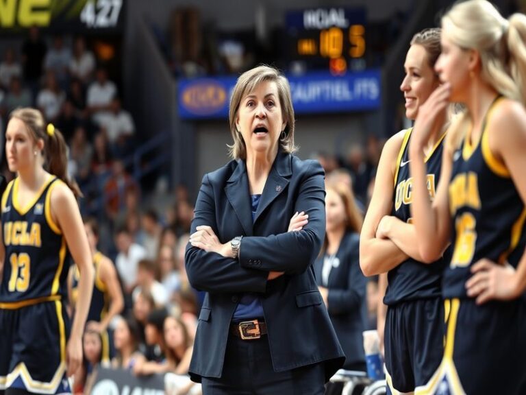 A dynamic action shot of Cori Close coaching from the sidelines during a UCLA women's basketball game, surrounded by players