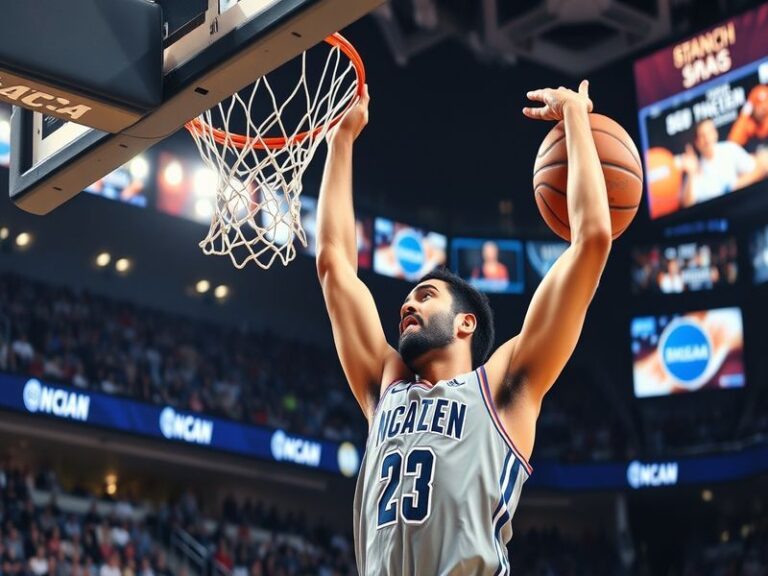 A vibrant scene of a packed basketball arena during March Madness, with fans in team colors holding up signs and a scoreboard