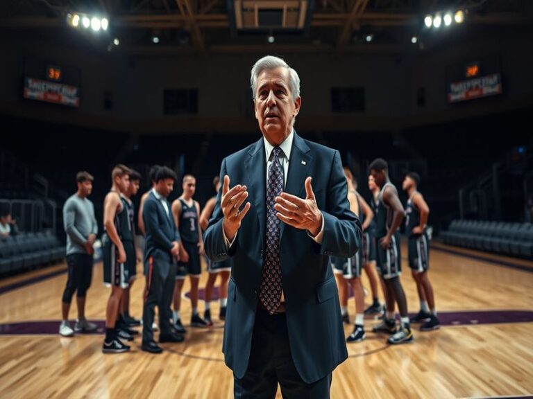 A dynamic action shot of Vic Schaefer coaching from the sidelines, with a focused expression, wearing a team polo and holding