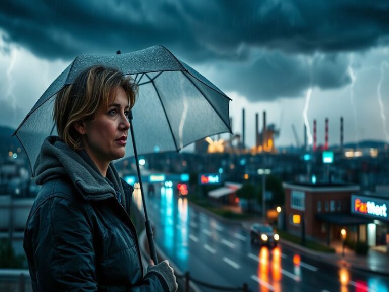 A dramatic split-image showing a supercell thunderstorm over Oklahoma’s plains on one side, and a sunny, serene landscape on