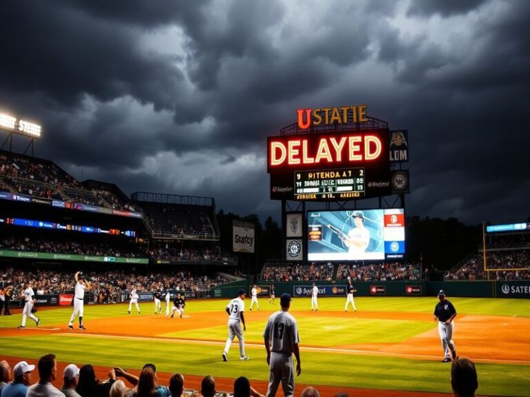 A dramatic shot of T-Mobile Park under stormy skies with players and umpires waiting, rain visible in the background and the