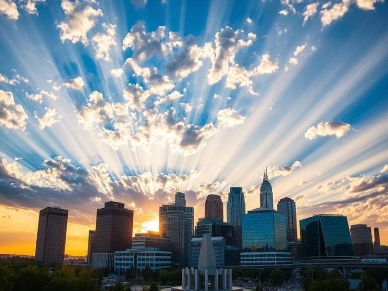 A dramatic sky over Oklahoma City with a supercell thunderstorm in the background, featuring lightning strikes, dark clouds,