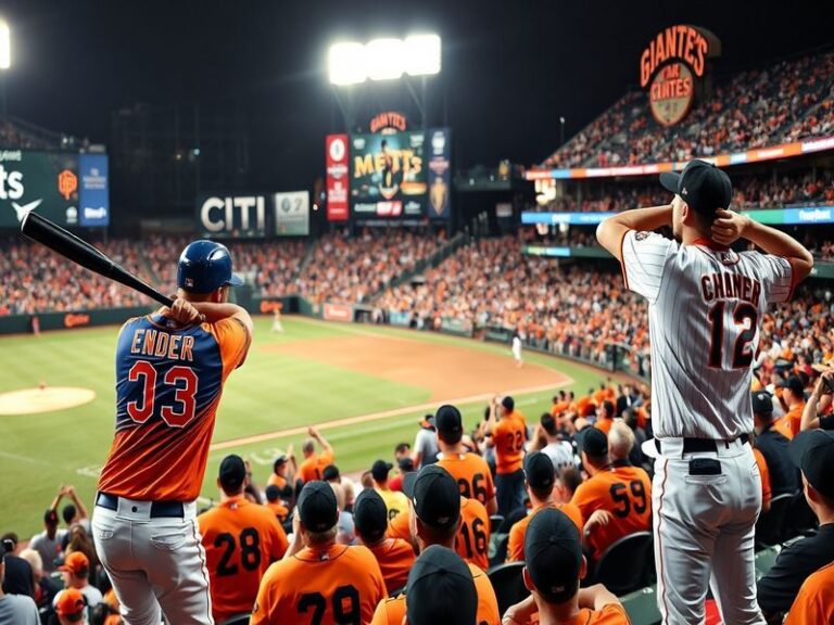 A split-screen image showing the exterior of Citi Field in Queens, New York, on the left and Oracle Park in San Francisco on