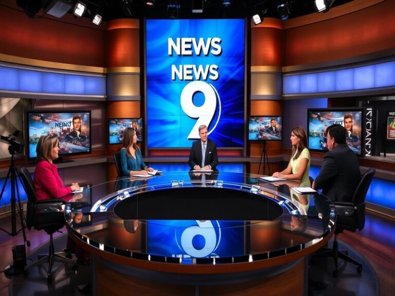 A split-screen image showing a News 9 OKC meteorologist on TV alongside a smartphone displaying the station's mobile app, wit