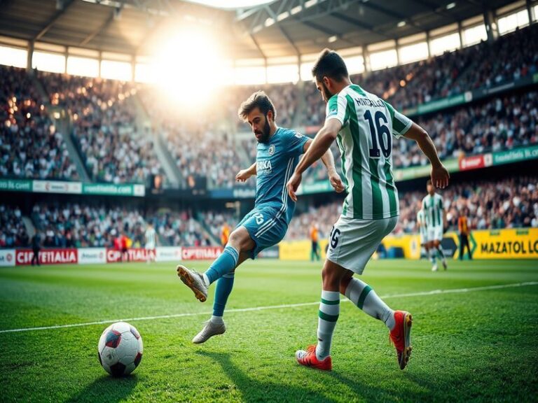 A vibrant stadium scene at Estadio Victoria in Aguascalientes, capturing Necaxa and Mazatlán players in action during the mat