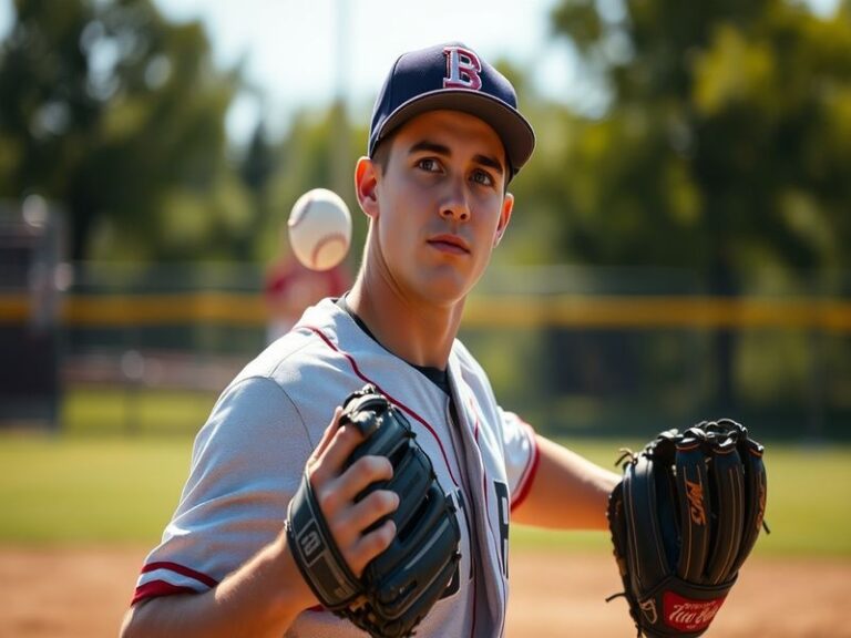 A focused action shot of Grant Holmes mid-pitch during a minor league game, wearing a red and white uniform, with the stadium