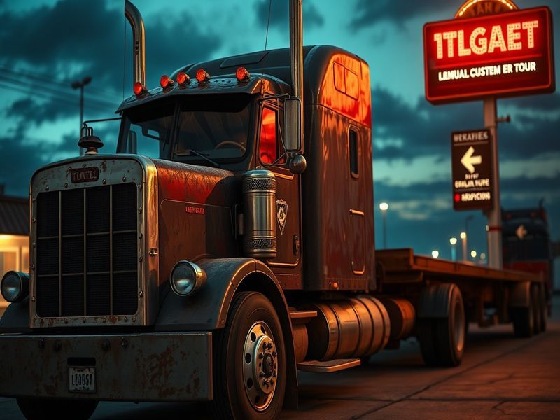 A split-screen image: on the left, a vintage diesel truck emitting visible exhaust in a rural landscape; on the right, a mode