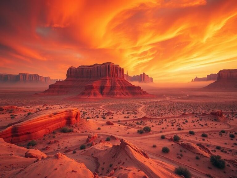 A cinematic shot of a player character in Crimson Desert, surrounded by towering sand dunes under a golden sunset, with dynam