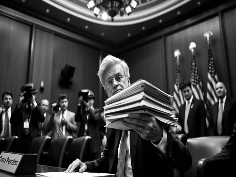 A split image showing Jerome Powell at a congressional hearing on one side and a stock market ticker on the other, with a ten
