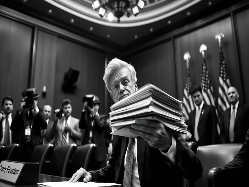 A split image showing Jerome Powell at a congressional hearing on one side and a stock market ticker on the other, with a ten