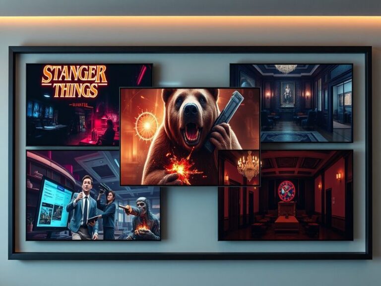 A collage of key streaming show posters from 2024, including Daisy Jones & The Six, The Three-Body Problem, and The Penguin,