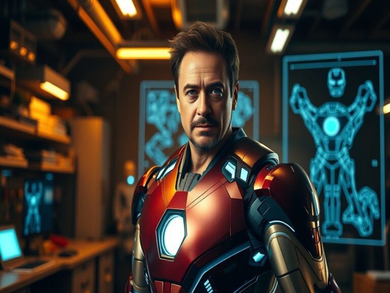 A split-screen image: on one side, a young Robert Downey Jr. in a leather jacket circa the 1980s; on the other, the armored I