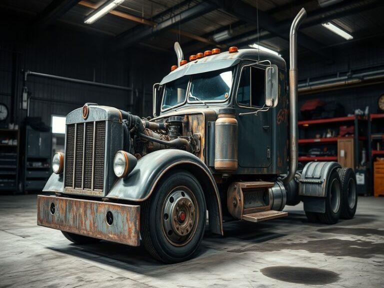A split-image composition showing a large diesel-powered semi-truck on a highway in the left half, contrasted with a modern e