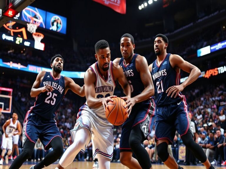 A high-energy NBA game featuring Joel Embiid of the Philadelphia 76ers driving to the basket against Anthony Edwards of the M