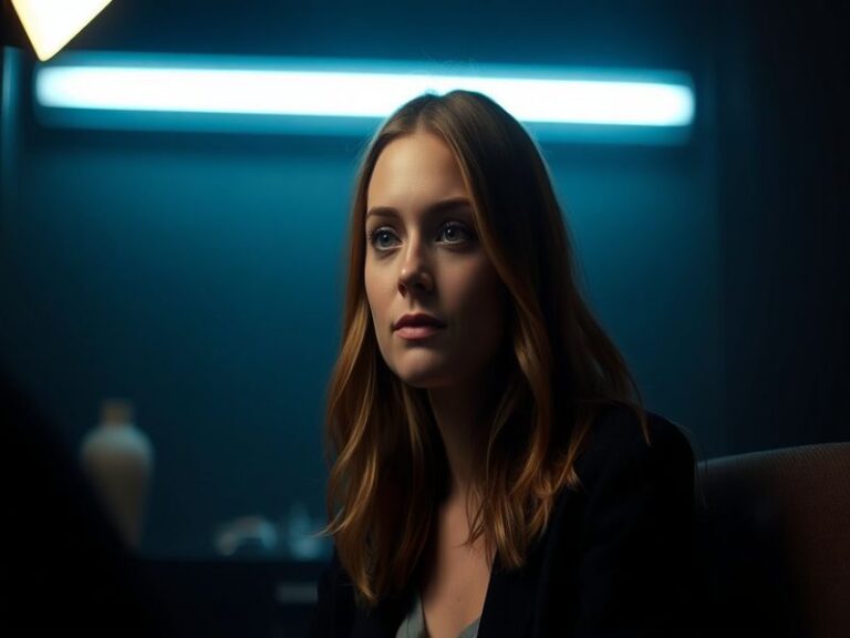 A mid-shot of Erin Moriarty on set, wearing a casual yet stylish outfit, looking pensively into the distance with soft lighti