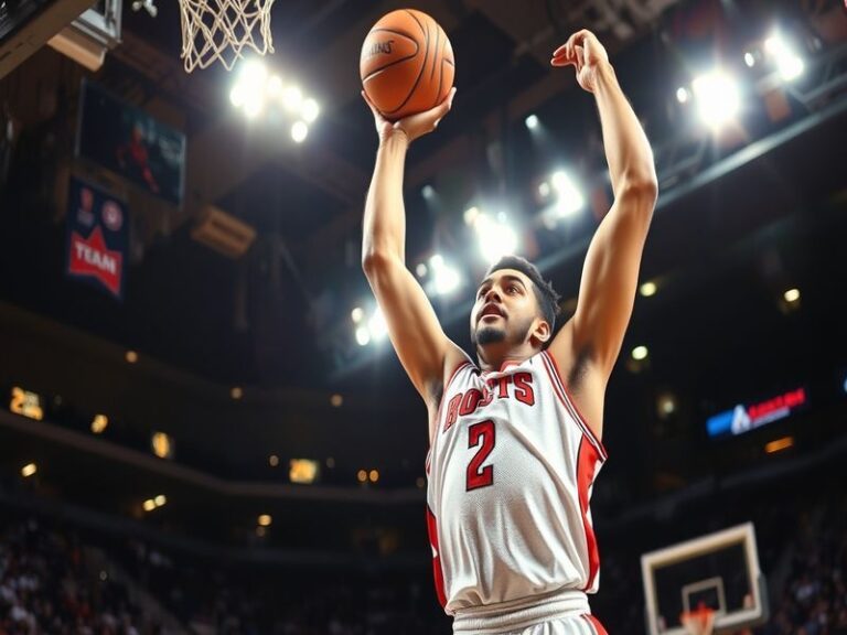 A split-screen image featuring an NBA player mid-shot on one side and a data analyst reviewing performance metrics on the oth