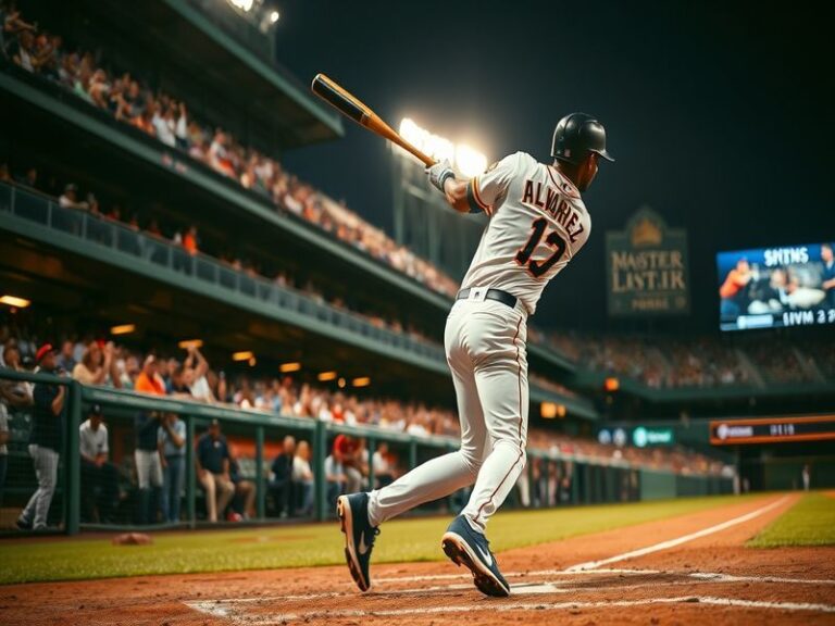 Yordan Alvarez in mid-swing at Minute Maid Park, wearing his Astros uniform, with a blurred background of the stadium lights