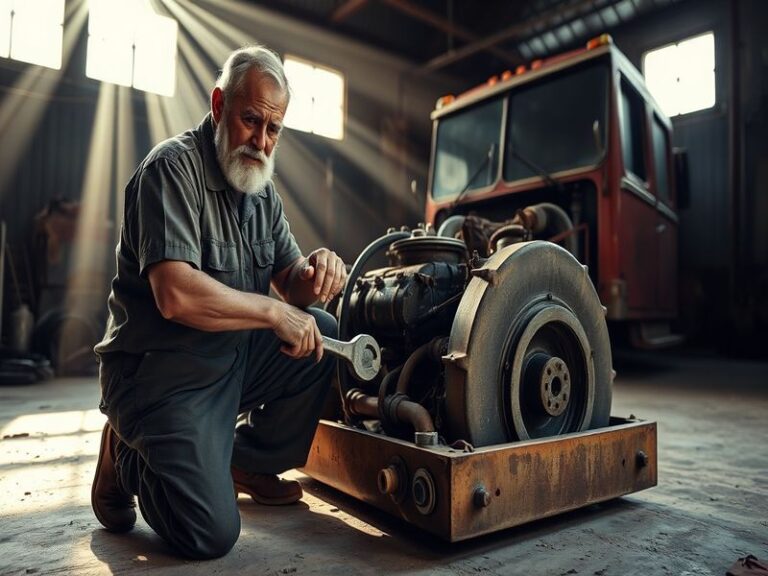 A split-image illustration showing a modern semi-truck emitting clean exhaust on one side and a vintage diesel engine on the