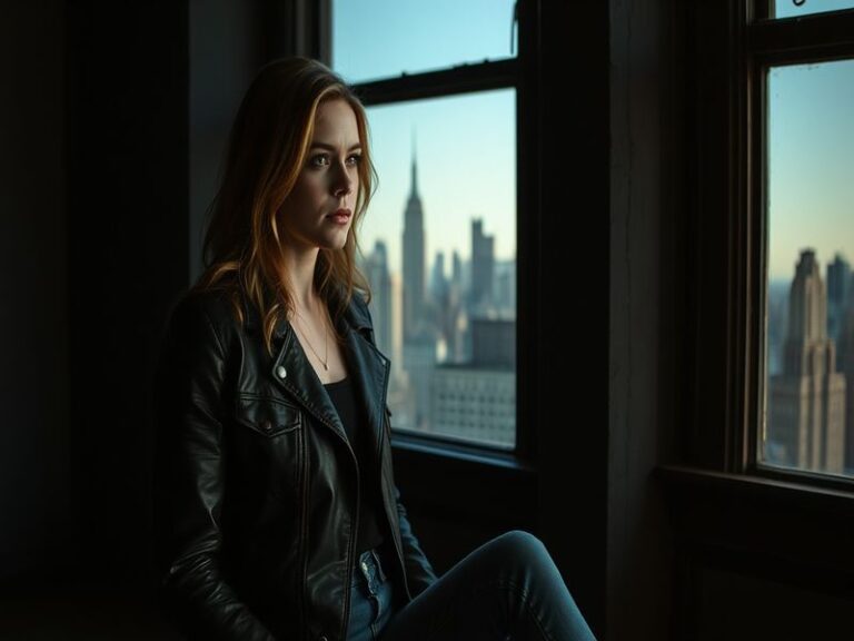 Erin Moriarty in a dynamic pose, wearing a leather jacket and striking a confident stance, with a blurred cityscape in the ba