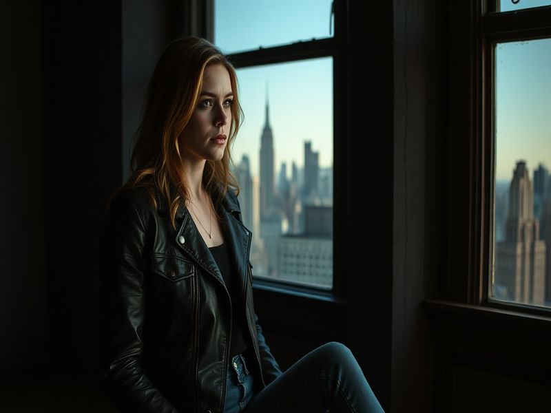 Erin Moriarty in a dynamic pose, wearing a leather jacket and striking a confident stance, with a blurred cityscape in the ba