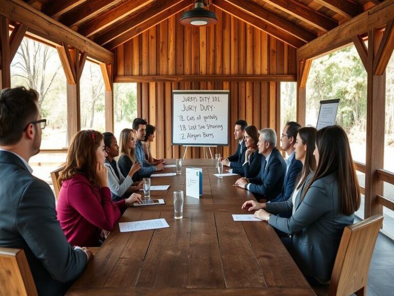 A diverse group of professionals in business attire sitting around a conference table, with one person in a courtroom setting