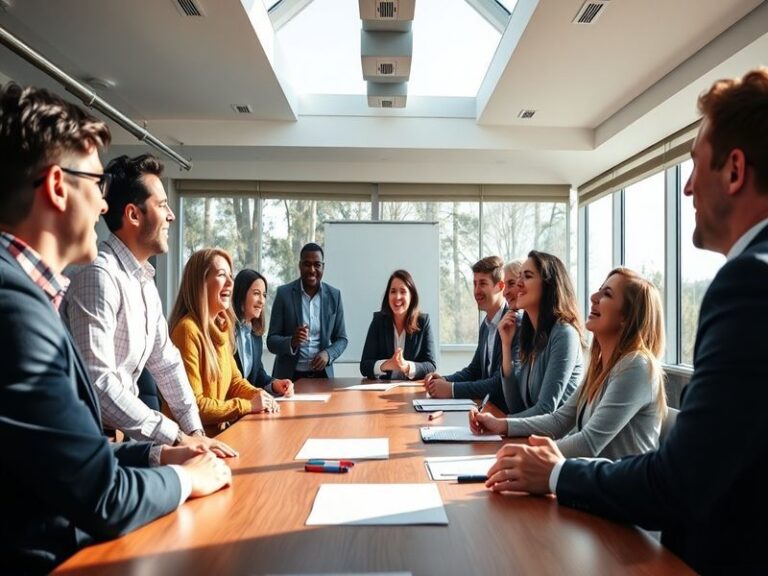 A diverse group of professionals in business casual attire walking together toward a courthouse, with a modern city skyline i