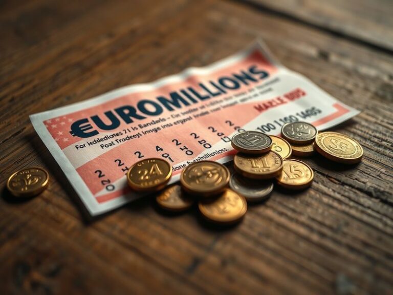 A split-screen image: on the left, a close-up of a lottery machine drawing glowing white balls from a drum; on the right, a d