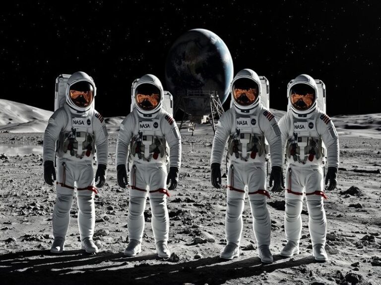 A cinematic illustration of the Artemis II crew in their Orion spacecraft against the backdrop of the Moon and Earth, with th