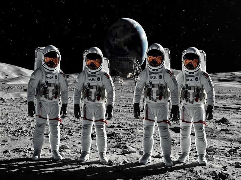 A cinematic illustration of the Artemis II crew in their Orion spacecraft against the backdrop of the Moon and Earth, with th