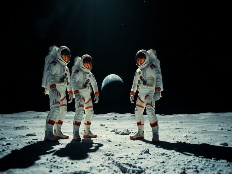 A high-quality conceptual illustration showing the four Artemis II astronauts in their Orion spacecraft during the lunar flyb