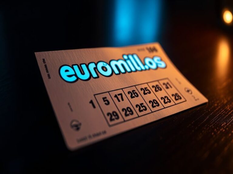 A close-up of an official EuroMillions lottery ticket with visible numbers and Lucky Stars, surrounded by lottery balls and a