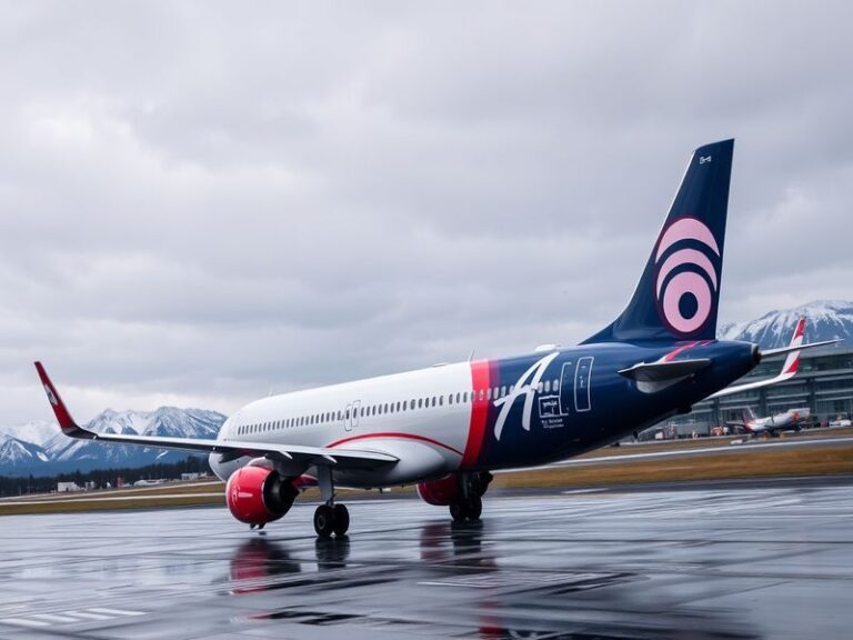 A modern Alaska Airlines Boeing 737 MAX aircraft taking off against a backdrop of snow-capped mountains, symbolizing the airl