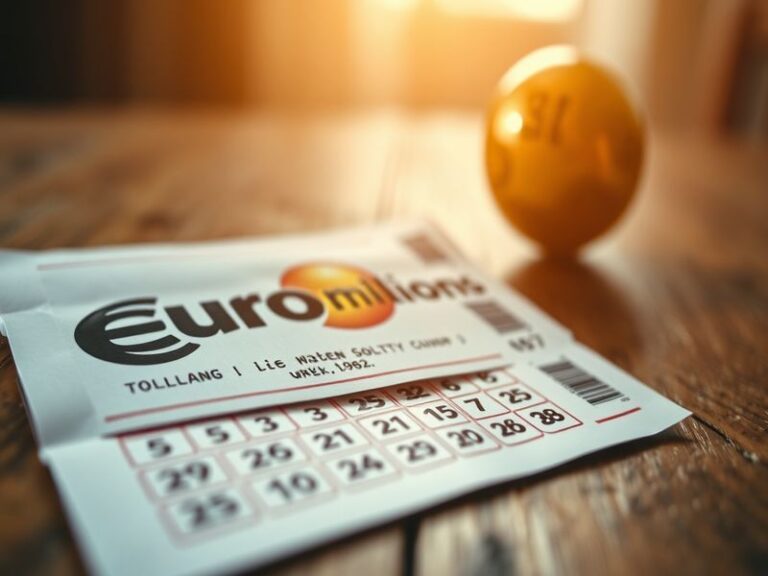 A vibrant collage of EuroMillions lottery tickets, glowing jackpot screens, and happy winners celebrating with champagne. The