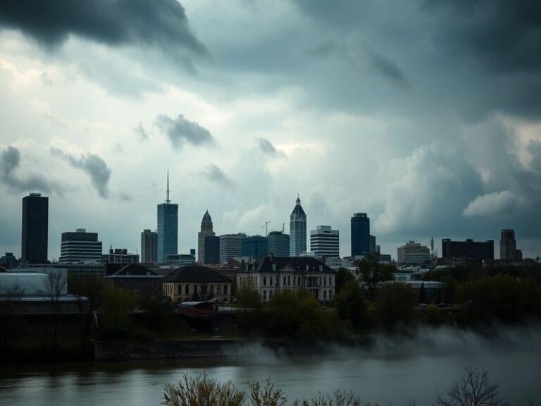 A wide-angle shot of Fort Smith's skyline under a dramatic cloudy sky, with the Arkansas River in the foreground. The scene c