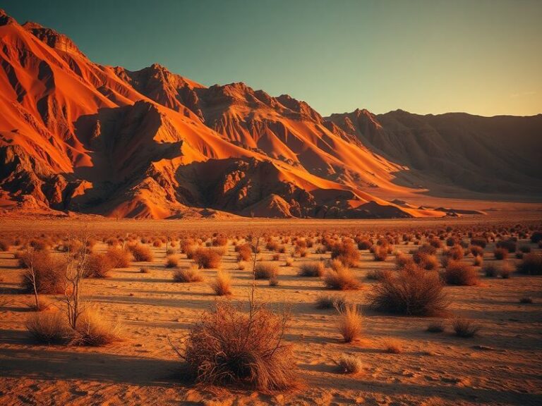 A cinematic in-game shot of Crimson Desert's desert wasteland at sunset, with a player character silhouetted against a sandst