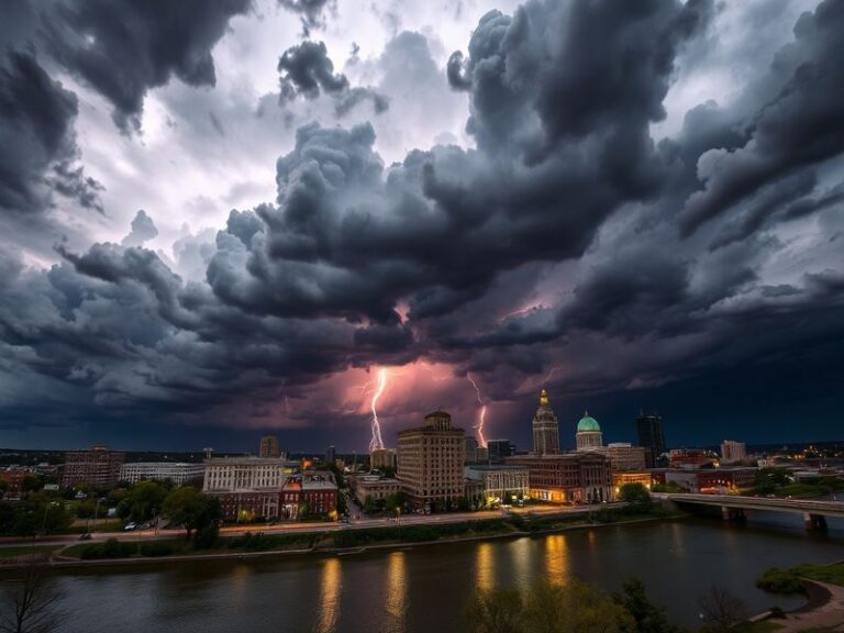 A wide-angle view of downtown Fort Smith under a stormy sky, with dark clouds looming over the Arkansas River and historic br