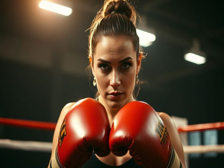A dynamic action shot of Terri Harper mid-fight in a brightly lit boxing ring, wearing a white and blue uniform, with a deter