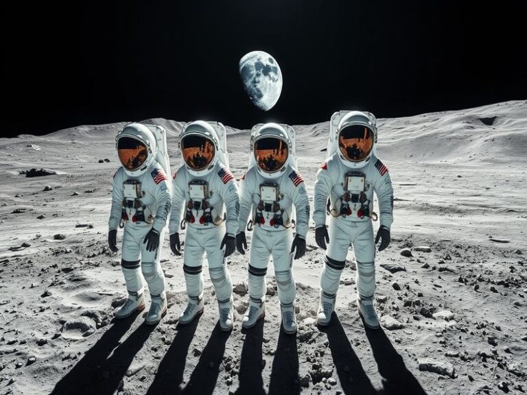 Four astronauts in orange spacesuits standing in front of the Orion spacecraft, with Earth visible in the background through