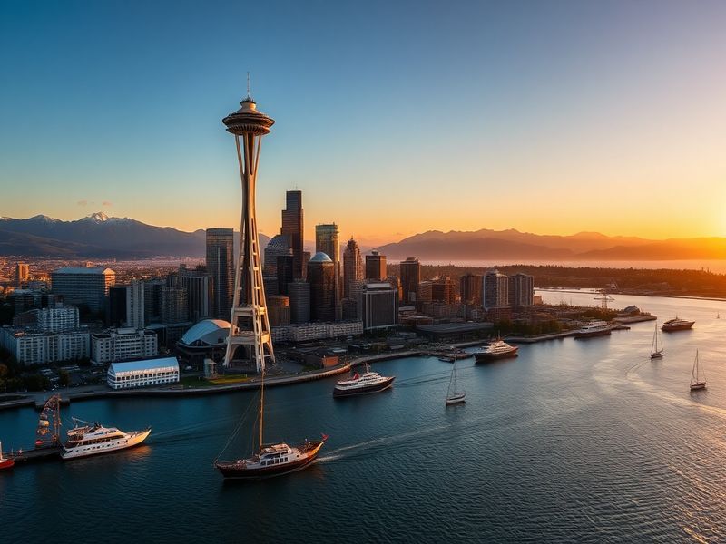A vibrant cityscape of Seattle at dusk, featuring the Space Needle, Elliott Bay, and a mix of modern skyscrapers and historic