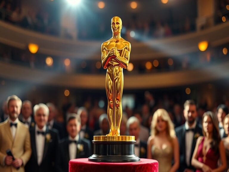 A grand Oscar statue surrounded by iconic film posters from different eras, arranged in a circular pattern against a warm gol