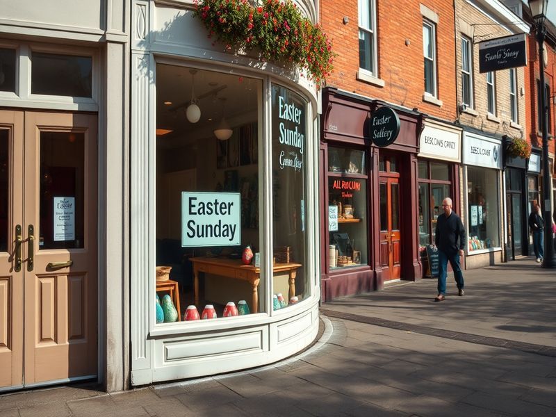A well-lit shopping mall on a Sunday morning, with a mix of closed and open storefronts. Some signs display 'Closed for Easte