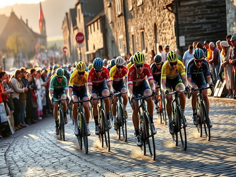 A panoramic shot of the 2024 Tour of Flanders peloton climbing the Koppenberg, with fans lining the cobbled streets and orang