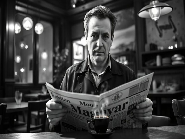 A split-image composition: on the left, Peter Magyar in a sharp suit speaking at a podium with Hungarian flags; on the right,