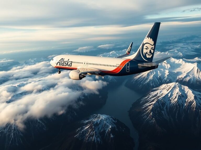 A modern Alaska Airlines Boeing 737 MAX 9 aircraft taking off from a misty Seattle-Tacoma International Airport runway, with