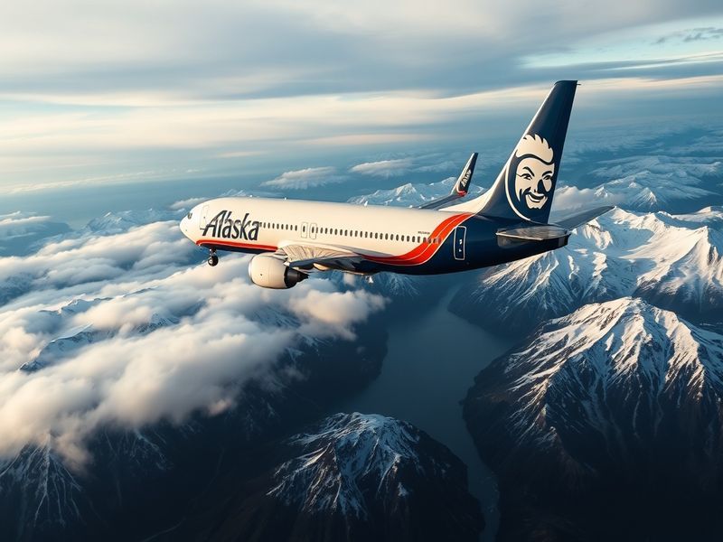 A modern Alaska Airlines Boeing 737 MAX 9 aircraft taking off from a misty Seattle-Tacoma International Airport runway, with