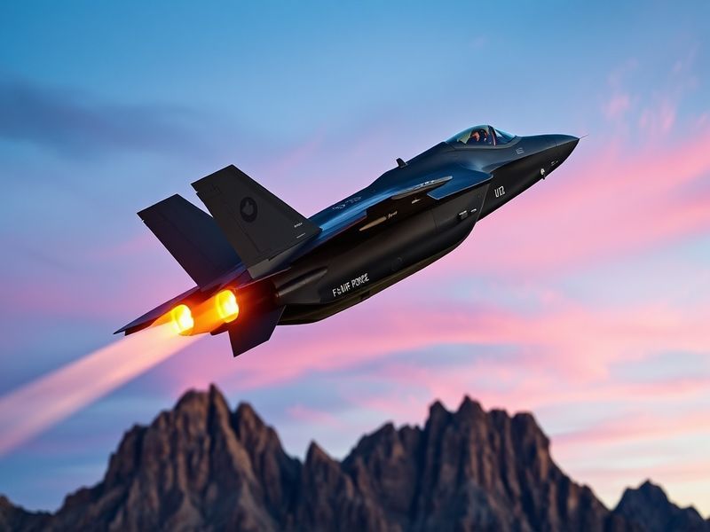 A high-angle shot of a US Air Force F-35 Lightning II and F-22 Raptor flying in formation, showcasing their sleek stealth des