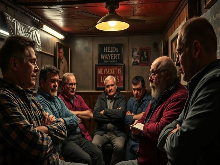 A split-image scene showing a laptop screen displaying manosphere forums on one side and a diverse group of men engaged in he