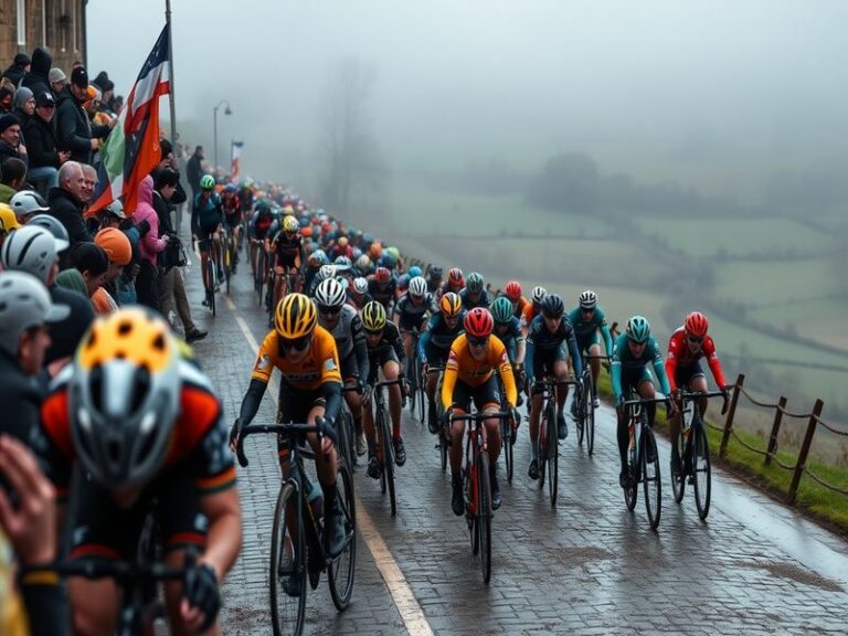 A panoramic shot of the Koppenberg climb during the Tour of Flanders, with a lead group of cyclists battling the steep 22% gr