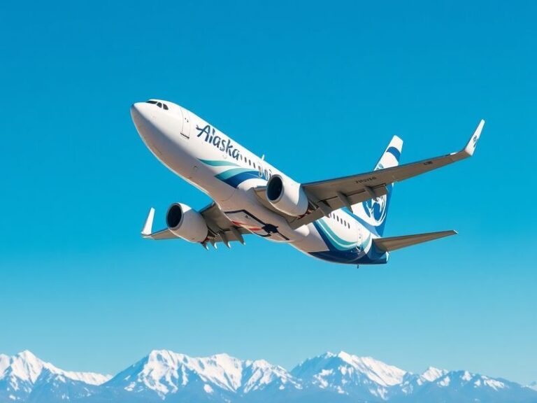 A Boeing 737 MAX 9 aircraft from Alaska Airlines taking off from a rainy Seattle-Tacoma International Airport runway, with th